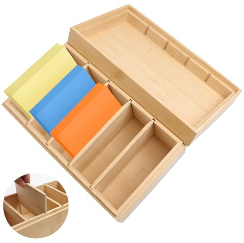 ROTKUSZ A7 Karteikarten Box Holz, Karteikasten Holz mit Deckel und 4 Herausnehmbar Trennwänden, Vokabelbox Lernkarteibox, Karteibox für Büro, Schulen und Heim, 22cm*12,6cm*9cm