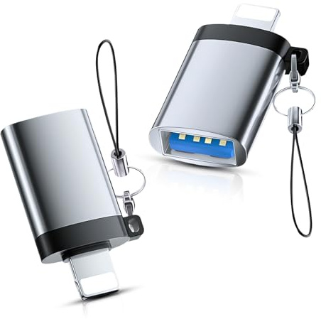 Adaptador Lightning a USB, convertidor USB a Lightning, 3.0 OTG para iPhone/iPad, soporte reproductor flash tarjeta ratón teclado, aleación de aluminio duradera con gancho (gris)