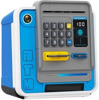 TOTIKI Hucha Cerdito Alcancía Simulada con Cajero Automático Y Caja De Ahorros For Monedas Cambio Desbloqueada Contraseña Alcancía(Blue)