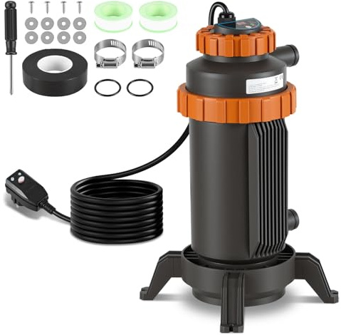 Vkechh Poolheizung Elektrisch 3KW mit Digitalanzeige & 4-Fach Sicherheitsschutz, 32–38 mm Anschluss, Heizt bis 45 °C, inkl. Zubehör für Aufstellbecken
