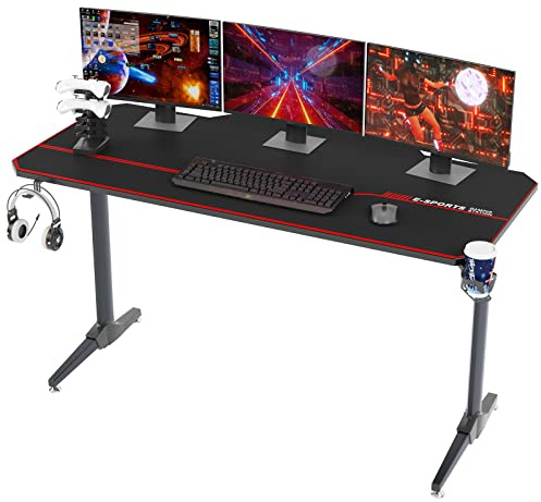 SogesHome Gaming Tisch 140cm Gaming Schreibtisch Computertisch in T-Form Gaming Table PC Tisch Schreibtisch mit Mausunterlage, Getränkehalter und Kopfhörerhaken,Bürotisch Ergonomischer Gamer Tisch