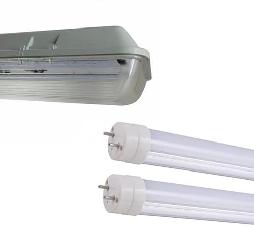 Kit de regleta LED impermeable doble para tubos T8 150 cm IP65 (2 tubos de neón luminosos LED 150 cm T8 50 W incluidos) – Blanco neutro 4000 K – 5500 K
