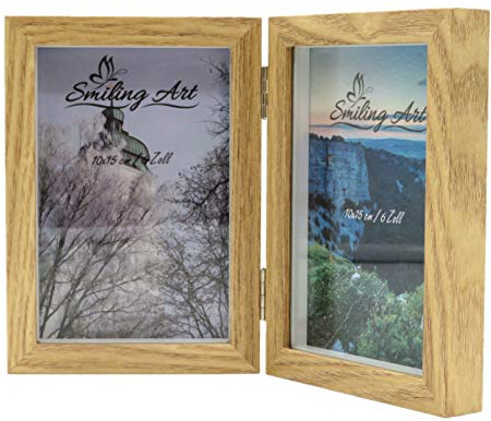Smiling Art Bilderrahmen für 2 Fotos aus MDF Holz, klappbarer Bilderrahmen, Doppelrahmen, 3D Rahmen, Objektrahmen (Beige, 2x10x15 cm)