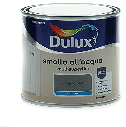 Dulux Smalto Satinato all'Acqua per Metallo Plastica e Legno Pronto all'Uso per Esterni e Interni, 0.5 Litri, Grigio Grafite