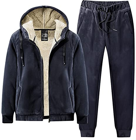 amropi Tuta da Uomo Vello Foderato Cappotto con Cappuccio e Pantaloni Inverno Caldo Jogging Tute Marina,XXL