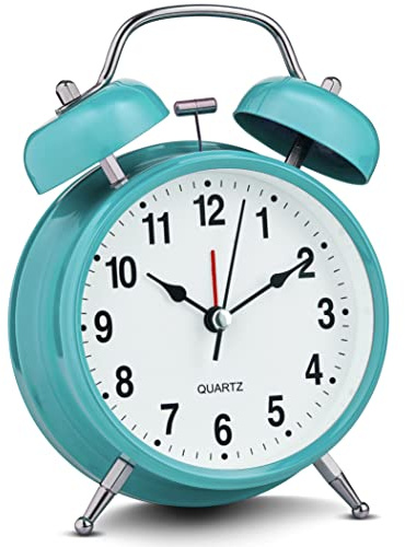Bernhard Products Analog Alarm Clock 4 Twin Bell Robin Egg Blue Silent Non-Ticking Quartz Battery Operated Extra Loud with Backlight for Bedside Desk, Retro
