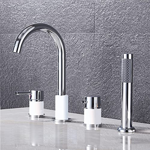 Vasca Bordo Vasca 4 Fori Miscelatore Doccia Caldo e Freddo Rubinetteria Bagno con Doccetta Rubinetti per Vasca Bifunzionale Miscelatore Bordo Vasca da Bagno,Cromo+Bianco