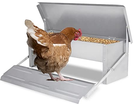 Froadp 5KG Automatischer Futtertröge mit Rattensicher Füßen und Wasserfest Deckel, Futterautomaten mit Selbstöffnend Pedal, Hühner Futterautomat, Metall Futterspender Tröge für Geflügel Enten