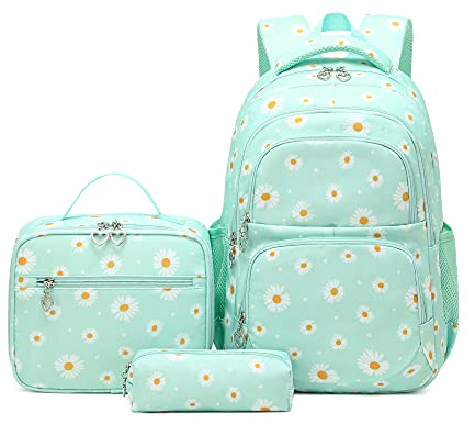 Juego de 3 mochilas para niñas con bolsa de almuerzo para niños, mochila escolar, 3 unidades, verde margarita, 3Pcs Backpack Set, moderno