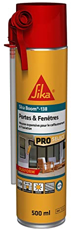 SIKA Boom 138 Portes & Fenêtres, Mousse expansive Spécial Menuiseries et Sous-Toiture : Expansion Compensée 18L, réutilisable, usage tête en bas, isolation et calfeutrage, multi-supports 500ml, Blanc