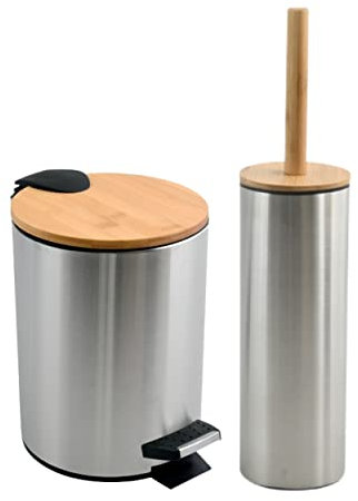 spirella Adonis - Set da bagno da 2 pezzi, secchio per cosmetici, 5 litri, con abbassamento automatico e spazzola per WC, in acciaio inox, bambù, con spazzola in silicone, colore: argento
