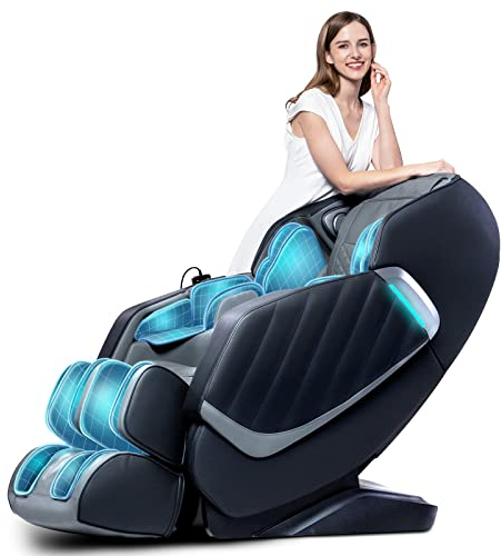 HealthRelife Massagesessel für den ganzen Körper Intelligenter Massagestuhl Zero Gravity 3D-Robotische Hände mit SL-Schiene Relaxsessel Bluetooth-Lautsprecher Schwarz