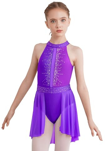 TiaoBug Mädchen Ballettkleid Asymmetrisches Kleid mit Neckholder Strass Ballettanzug Tanzkleid Latein Standards Ballett Trikot Jazz Kostüm Ballettkleidung