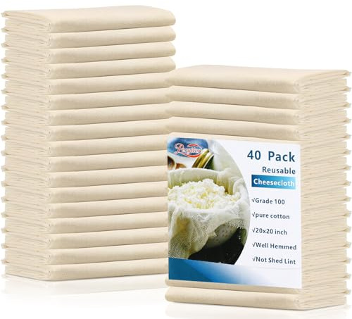Peryiter 40 Pcs 20x20 Inch Cheese Cloth for Straining Grade 100 Cheesecloth for Straining Hemmed Unbleached Cotton Reusable Muslin Cloth Bags for Cheese Making Juicing Canning Cooking