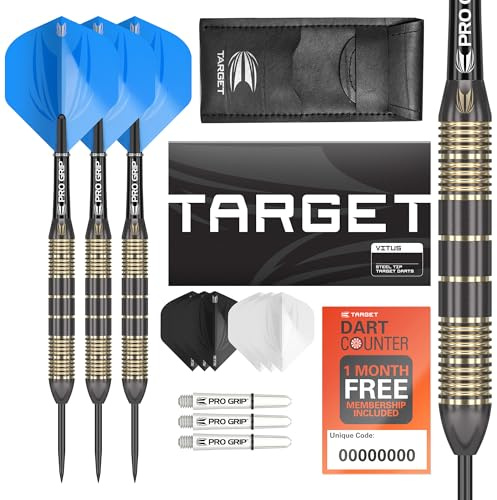Target Darts Vitus 22G/23G/24G Messing-Stahlspitzen-Dartset – 6 Pro Grip-Schaft – 9 Pro Ultra-Flügel – Dart-Geldbörsen-Set