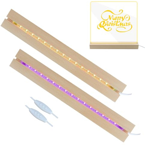 2 Pcs 11.81 Inch Wooden LED Light Display Pedestal, Wooden Rectangle LED Lights Display Base for Acrylic and Plexiglass,Night LED Light Lamp Base with USB Switch (7 Color)