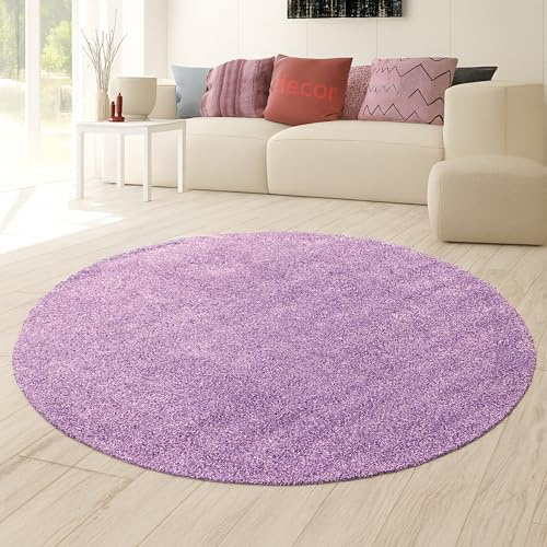 Teppich-Traum Moderner Shaggy Teppich Rund Hochflor Flieder Ø 120 cm | Kuschelig-weich, pflegeleicht, robust, langlebig, allergikergeeignet, saugrobotergeeignet, OEKO-TEX geprüft, Schlafzimmer