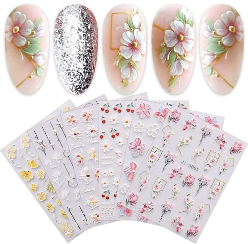 3D Nagelsticker Geprägte Blume Blätter, 6 Blatt 5D Selbstklebend Nagelaufkleber Stereoskopisch Nail Art Sticker Dekoration Nageldesign Zubehör