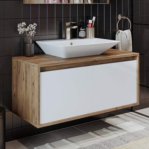 ROOMART • Mobili da bagno • Atlantic • Lavabo in ceramica con mobiletto da 65 cm, 85 cm, 100 cm, colore bianco – rovere antracite • bianco (rovere bianco, 100 cm)