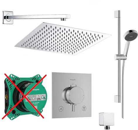 vanvilla Duschsystem mit Unterputz Thermostat Duscharmatur von Hansgrohe Ecostat Comfort E und vanvilla Regendusche mit Armatur, Duschkopf eckig, Dusch-SET HG212-ob poliert