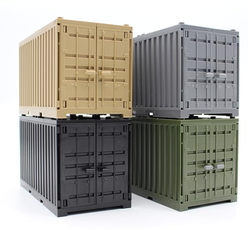 LONESTAR Klemmbausteine Schiffscontainer Set 4 Stück Frachtcontainer in Schwarz, Grau, Grün, Beige, Kompatibel mit anderen Marken, Ideal für Hafen, City, Diorama Bau-Sets & Landschaften