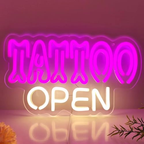 HFHungkeong Pink Tattoo Shop Neonschild Warmweißes Offenes LED Neonlicht mit Dimmbarem Schalter, Arylic Tattoo Shop Schild, Leuchtendes Banner für Tattoo Salon, Studio, Shop-Plakette, 35 x 20 cm
