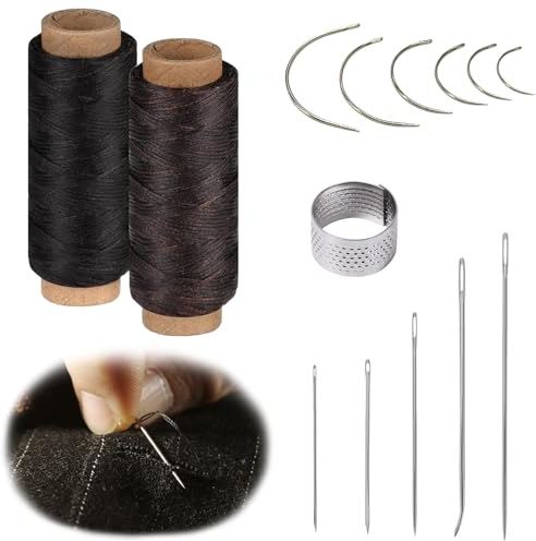 14 Agujas de Cuero, Hilo de Guarnicionero,Agujas Curvadas, Hilo Encerado, Agujas Maquina de Coser,Kit de Reparación de Agujas de Coser a Mano para Bolsos, Mochilas, Zapatos, Tapicería, Alfombra
