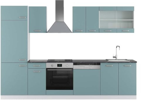 Vicco Küchenzeile R-Line, Küchenblock, Blau-Grau/Weiß, 300 cm, AP Anthrazit