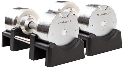 BRAINGAIN Haltères Réglables Set 23,5kg/32,5kg/41,5kg – Maintenant avec poignée Gen 4 de 34mm – Changez de poids en 1 sec – Équipement de gym maison gain de place – Plusieurs poids en un – Chrome/Noir