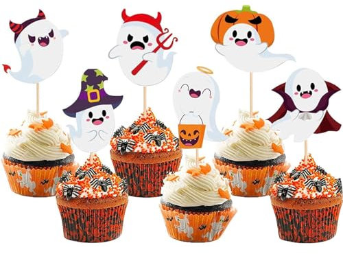 Scinzene Halloween Tortendeko, Set mit Lustigen Geister Motiven für Geister Muffins und Kuchen, und Halloween Kuchen Deko Ideal für Kinder und Erwachsene Partydeko