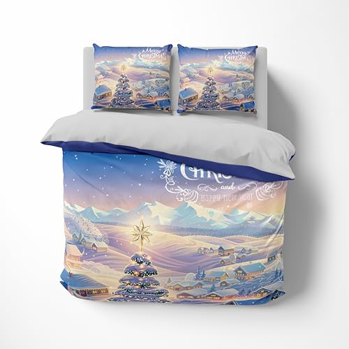 FEBE 3D Bettwäsche Weihnachtslandschaft Weihnachten Bettbezug-Set 135x200 + Kissenbezug 80x80 cm Wendebettwäsche 2 Teilig mit Reißverschluss Mikrofaser Winterbettwäsche Duvet Cover