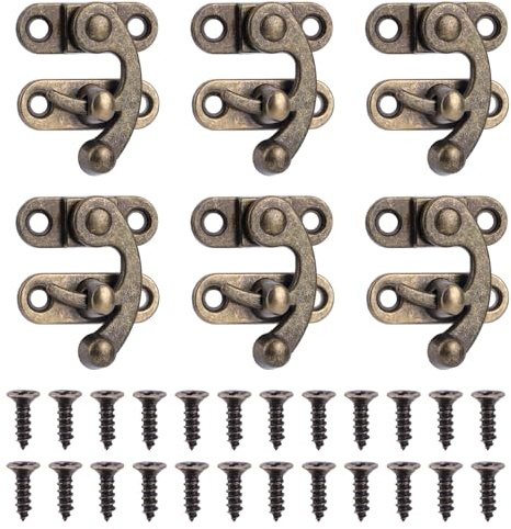 6St Mini Schwenkarm Verschluss, 3,3x2,8cm Knebel Links/Rechts Antik Haken Haspenriegel mit 24 Schrauben Schwingverschluss für Schmuckschatulle Koffer Werkzeugkasten