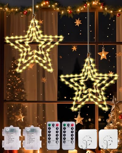 TobeBright Christmas Star Window Lights - Battery Powered with Remote & Timer, 8 Modes Warm White 3 in 1 LED Hanging Star Lights Christmas Decorations, IP44 Waterproof,Indoor & Outdoor Xmas Light