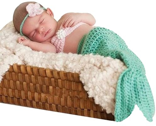 Xanewza 3 Pieces Newborn Photography Prop Mermaid Outfit Baby Photo Props Handmade Crochet Mermaid Tail Outfit Baby Mermaid Costume Set Headband Bra Tail