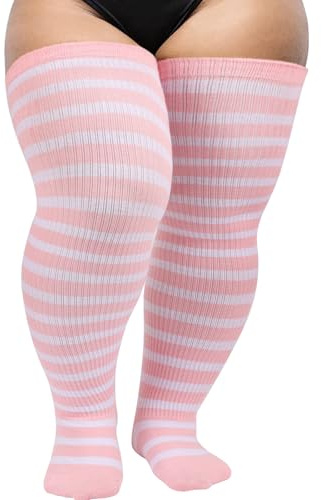 DRESHOW Plus Size Women Thigh High Socks Striped Over Knee Long Boot Stockings Knee High Socks Leg Warmers