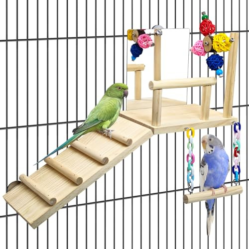BNOSDM Bird Perch Platform with Mirror, Wooden Climbing Ladder for Parakeet, Small Bird Swing Toys with Rotating Balls Parrot Cage Accessories Budgie Playground for Cockatiel, Lovebirds, Conures