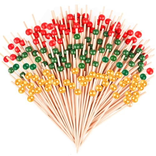 ASTARON 150 Stück Weihnachts-Cocktailspieße Gold Grün rote Perlen Zahnstocher für Partyzubehör, 4,7 In Vorspeisen-Frucht-Spieße für Weihnachtsdekorationen (Gold, Rot, Grün)