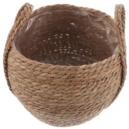 BESPORTBLE Cesta Tejida a Mano para Plantas con Asa Beige de Hierba, Macetero Rústico y Portátil Adecuado para Salas y Balcones, Adorno Único y Funcional