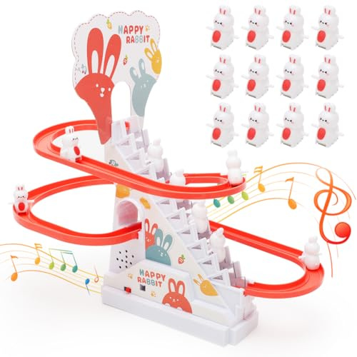 CEWROM Elektrische Ente Treppensteigen Spielzeug, 12 Stück Elektrisches Entenklettern auf Treppenbahnen und Rutschen-Set, Pädagogisches Spielzeug mit Musik EIN-/Ausschalter (Hase)