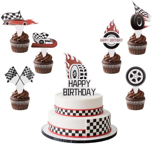 25stk Rennwagen Kuchen Deko für Jungen, 16. Geburtstag Cupcake-Topper Lustig Rennsport-Themen Partyzubehör für Geburtstag Sweet 16 Führerschein Feie