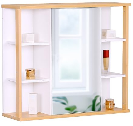 Relaxdays Spiegelschrank, 6 Ablagen, 2 Innenfächer, weiß/Natur | HxBxT: 64 x 62 x 21 cm, Wandmontage, Bad Hängeschrank