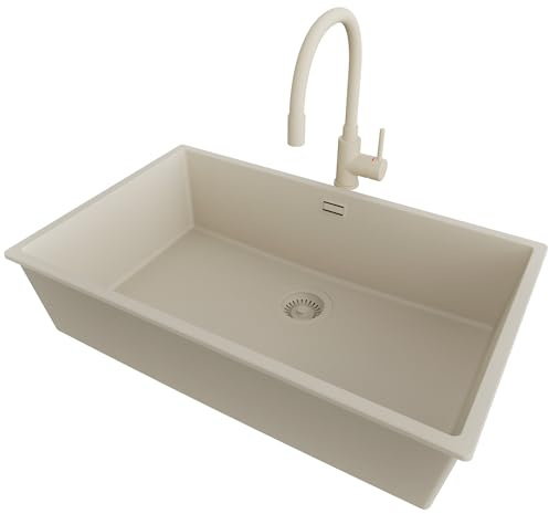 PRIMAGRAN Fregadero bajo Encimera al Mueble 80cm + Grifo, 76x47cm | Set: Grifo BW6020 + Kit de desagüe (sifón, válvula, rebosadero) + London 1 Seno Granito, Todo Beige