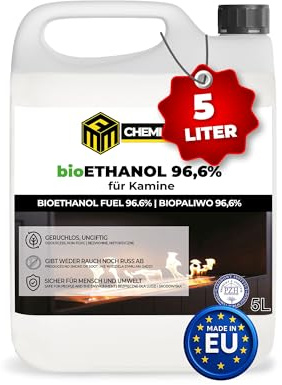 MRM CHEMICALS Bioethanol 96,6% – 1 x 5 L Brennstoff für Ethanol Kamine & Tischkamine – saubere Verbrennung ohne Rauch, Ruß & Geruch – geeignet für Innen- & Außenkamine – hochrein, sicher & effizient