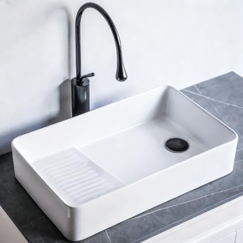 Fregadero Bajo Encimera, Lavabo Baño de Cerámica con Tabla de Lavar, Lavabo Bajo Encimera Rectangular con Grifo, Escurridor y Tubo de Drenaje para Inodoros, Balcones(White)