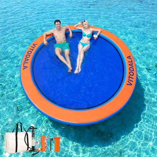 VITODALA Inflatable Water Hammock Round Floating Ring,Floating Dock Pool Lake Floats for Adults,Heavy Duty Pool Float Raft Platform for Ocean&Beach Party(8FT, Dark Blue+Orange+Light Blue)