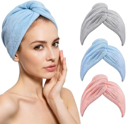 DGN 3 Piezas Toalla Microfibra Pelo, Toallas para Secar El Pelo, Absorción de Agua Suave, Secado Rapido, Toalla Pelo Microfibra Anti frizz para Cabello Largo, Rizado y Grueso
