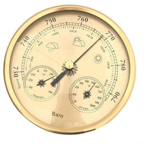 TONIXY 1Pc 3 In 1 Barometer Thermometer Hygrometer Metal Gold 130Mm For Indoor Outdoor Weather Monitoring Temperature Humidity Pressure