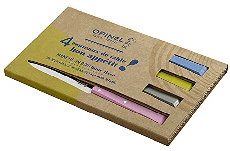 OPINEL – Table Set No. 125 Bon Appétit Countryside – 4 Table Knives – Table Steak Knives – Stainless Steel Blade 11 cm and Wooden Handle – Azur, Linden, Grey & Pink