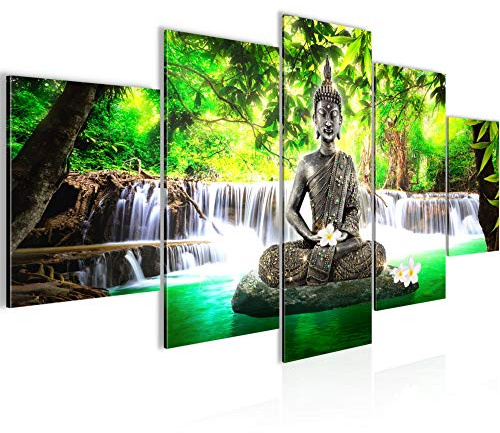 Runa Art Wandbilder Buddha Wasserfall 5 Teilig Bild auf Vlies Leinwand Deko Wohnzimmer Schlafzimmer Feng Shui Grün 503552a