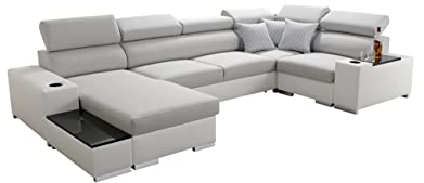 All4All Ecksofa mit Schlaffunktion Passe 335 cm x 205 cm - Wohnlandschaft U-Form - Schlafsofa mit Bettkasten - XXL Sofa - Groß - Gewebe mit Kunstleder -Grau/Weiß - Linke Seite 26